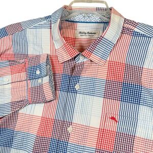 Tommy Bahama Sarasota Stretch Mens 2XLT Plaid Button Down Shirt Red Blue